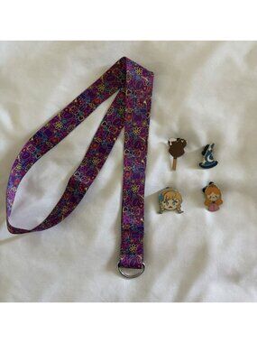 Disney Lanyard With 4 Pins Anna Sleeping Beauty Mickey Fantasia